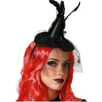 Halloween heksenhoed - mini hoedje op diadeem - one size - zwart - met sluier - meisjes/dames - thumbnail