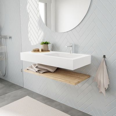 Mondiaz Alan badmeubel 100 cm planchet washed oak vrijhangend wastafel rechts 1 kraangat wit