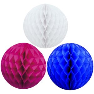 Kerstversiering set van 6x papieren kerstballen 10 cm wit blauw en fuchsia roze