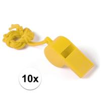 Fluitjes van kunststof - Multipack van 10x stuks - geel - aan koordje - herrie maken - sport