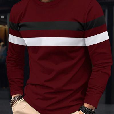 Men's Colorblock Striped Long Sleeve T-Shirt - Round Neck Top Burgundy / L
