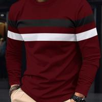Men's Colorblock Striped Long Sleeve T-Shirt - Round Neck Top Burgundy / L