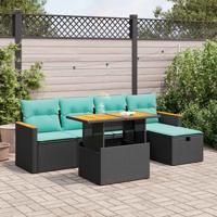 6-delige Loungeset met kussens poly rattan acacia zwart