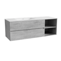 Storke Edge zwevend badmeubel 150 x 52 cm beton donkergrijs met Mata asymmetrisch linkse wastafel in solid surface mat wit