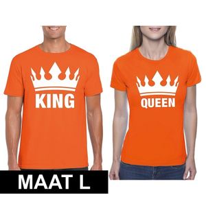 Koningsdag koppel King & Queen t-shirt oranje maat L