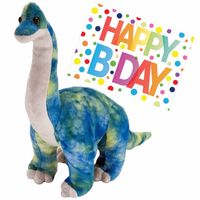 Pluche knuffel Dino Brachiosaurus van 25 cm met A5-size Happy Birthday wenskaart - Knuffeldier - thumbnail