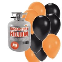 Helium tank met oranje en zwarte ballonnen 50 stuks
