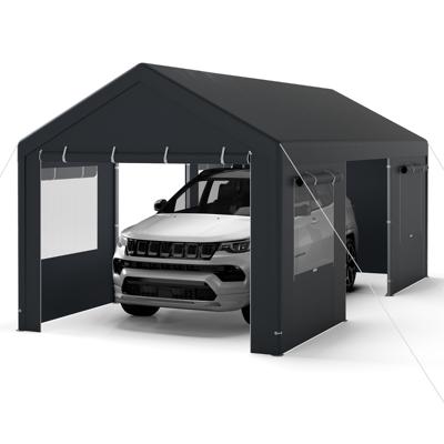 Tentgarage 305 x 586 cm Opslagtent met Oprolbare Geventileerde Ramen en Afneembare Zijwanden Donkergrijs