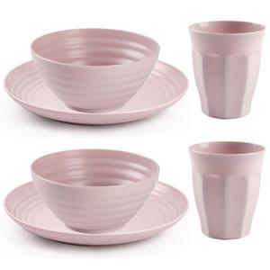 Camping Servies set - kunststof - roze - 6x borden/6x drinkbekers/6x kommetjes