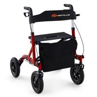 Rollator Opvouwbaar en Licht met Zitting 2-in-1 Rolstoel & Reiserollator Loophulp 6-Voudig in Hoogte Verstelbaar met Tas en Stokhouder Rood