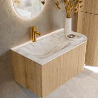 Mondiaz KURVE-DLUX 85 cm Onderkast Greeploos 1 Lade Met Deuren Oak, Wastafel Solid Surface Links Glace 1 Kraangat Zonder Spiegel (KRVCLO85R1L1D1KL-Oak/Gla)