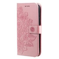 iPhone 14 Pro hoesje - Bookcase - Pasjeshouder - Portemonnee - Bloemenprint - Kunstleer - Rose Goud