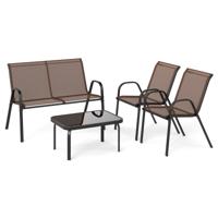 4-delig Patio Metaalstoelset Modern Stoel- en Tafelset met Stoffen Bekleding Tafelblad van Gehard Glas Bruin