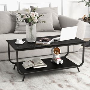 Marmeren Salontafel Rechthoekige Woonkamertafel met 2 Niveaus van Kunstmarmeren Blad en Metalen Frame Koffietafel voor Woonkamer