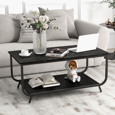 Marmeren Salontafel Rechthoekige Woonkamertafel met 2 Niveaus van Kunstmarmeren Blad en Metalen Frame Koffietafel voor Woonkamer