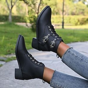 Dames Laarzen Legerlaarzen Grote maten Dagelijks Booties enkellaarzen Winter Blokhak Ronde Teen Modieus Casual Imitatieleer Leegloper Zwart Geel Koffie Lightinthebox