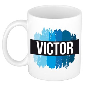 Naam cadeau mok / beker Victor met blauwe verfstrepen 300 ml   -