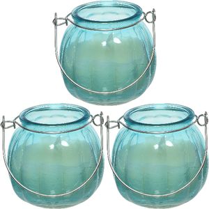 3x citronella kaarsen in glas - 15 branduren - D8 x H8 cm - blauw