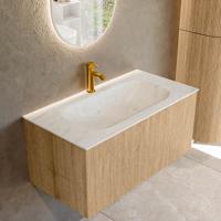 Badmeubel Mondiaz Kurve-Dlux | 90 cm | Meubelkleur Oak | Wastafelkleur Opalo | Solid surface | Midden spoelbak | 1 kraangat Badmeubel Mondiaz Kurve-Dlux | 90 cm | Meubelkleur Oak | Wastafelkleur Opalo | Solid surface | Midden spoelbak | 1 kraangat