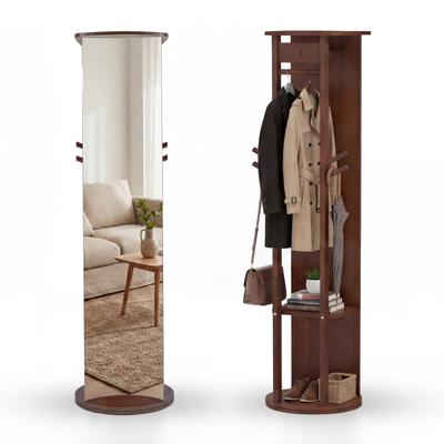 360° Draaibare Kledinghanger met Spiegel Staande Passpiegel met Planken en Haken Notenhout