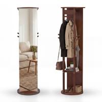 360° Draaibare Kledinghanger met Spiegel Staande Passpiegel met Planken en Haken Notenhout