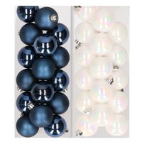 32x stuks kunststof kerstballen mix van donkerblauw en parelmoer wit 4 cm - thumbnail