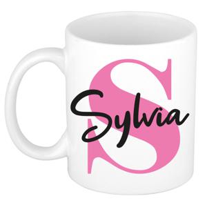 Naam mok Sylvia - roze - wit - keramiek - 300 ml - verjaardag/cadeau beker