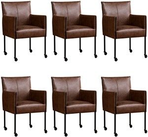 Set van 6 Bruine leren moderne kuipstoel More - poot rond zwart met wiel - Vintage Leer Brown (bruin leer)