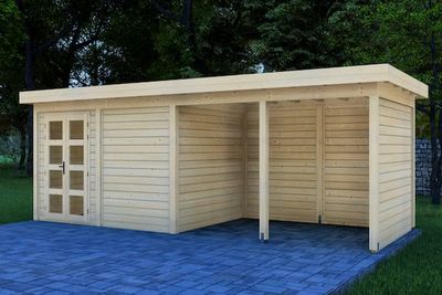 Prime Line blokhut 400x300 cm + overkapping 500 cm + achterwand en zijwand- Plat dak- Onbehandeld vurenhout- Van Kooten - Van Kooten