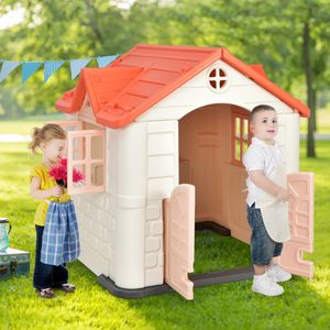 164 x 124 x 132 cm Binnen & Buiten Speelhuisje Kinderspeelhuisje met Werkende Deuren & Ramen Speelhuisje met Tafel Roze