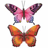 Set van 2x stuks tuindecoratie muur/wand vlinders van metaal in oranje en roze tinten 48 x 30 cm - Tuinbeelden - thumbnail
