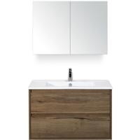 Porto Badmeubelset 90 cm - Tabacco - Keramische Wastafel Wit Slim met Spiegelkast