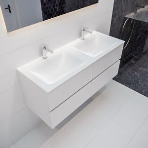 Mondiaz Vica Cloud badmeubel wit mat 120 cm 4 lades solid surface dubbele spoelbak 2 kraangaten