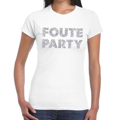 Foute Party verkleed t-shirt - zilveren glitter tekst - wit - voor dames - Party kleding