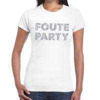 Foute Party verkleed t-shirt - zilveren glitter tekst - wit - voor dames - Party kleding