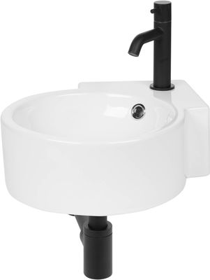 Saqu Rondo hoekfonteinset met mat zwarte kraan glanzend wit keramiek