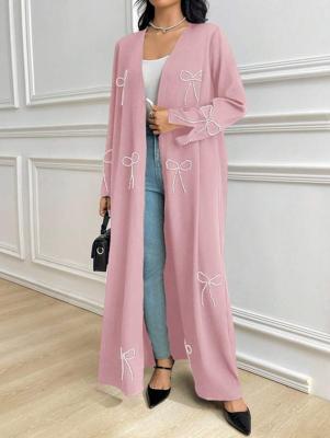 Al Najma Black Long Sleeve Open Abaya - Casual Maxi Robe with Bow Pink / M
