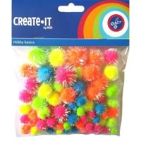 Knutsel pompoms - 75x -neon gekleurd - glitters - 0,8 tot 2,3 cm - Hobby decoratie materiaal