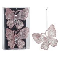 Kersthangers vlinders -2x-transparant met roze glitter -15cm -kunststof - thumbnail