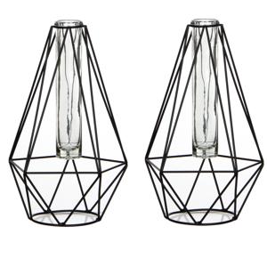 Draad vaasje - 2x - diamant vorm - zwart - metaal/glas - 15 x 14 x 24 cm - bloemenvaasje