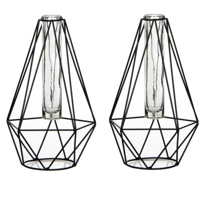 Draad vaasje - 2x - diamant vorm - zwart - metaal/glas - 15 x 14 x 24 cm - bloemenvaasje