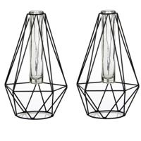 Draad vaasje - 2x - diamant vorm - zwart - metaal/glas - 15 x 14 x 24 cm - bloemenvaasje