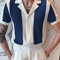 Men's Navy Blue Striped Knit Polo - Short Sleeve Crochet Top Navy Blue / M