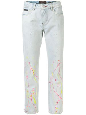 Philipp Plein jean droit à effet taches de peinture - Bleu