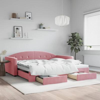 Slaapbank met onderschuifbed en lades 100x200 cm fluweel roze