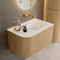 Mondiaz KURVE-DLUX 75 cm Onderkast Greeploos 1 Lade Met Deuren Oak, Wastafel Solid Surface Rechts Frappe 0 Kraangaten Zonder Spiegel (KRVGRU75L1L1D0KR-Oak/Fra)
