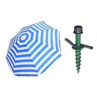 Parasol met dikke grondharing - blauw/wit mix - polyester - Dia 165 cm - voor het strand - Zomers