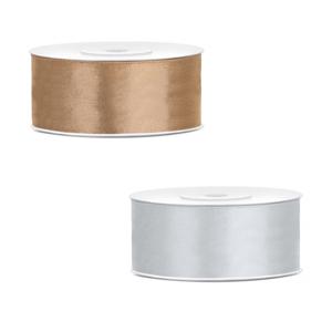 Bellatio decorations 2x rollen satijn cadeaulint/sierlint - 2.5 cm x 25 meter - zilver en goud