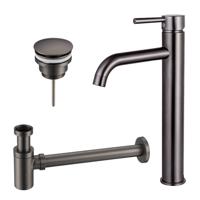 Fortifura Calvi Wastafelkraanset - verhoogde wastafelkraan - klikwaste plug - verlaagde design sifon - Geborsteld Gunmetal PVD SW766541/SW767288/SW767295
