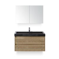 Dante Badmeubelset 100 cm - Natuur Eiken - Wastafel Hardsteen Wit Lucca - met Spiegelkast